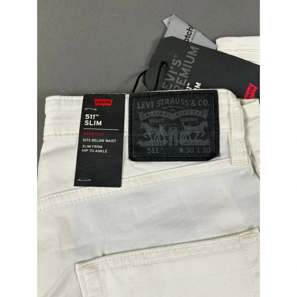 Levis Premium 511 Slim White Jeans Grey Side Stripe Stretch Denim 30x30 NEW
